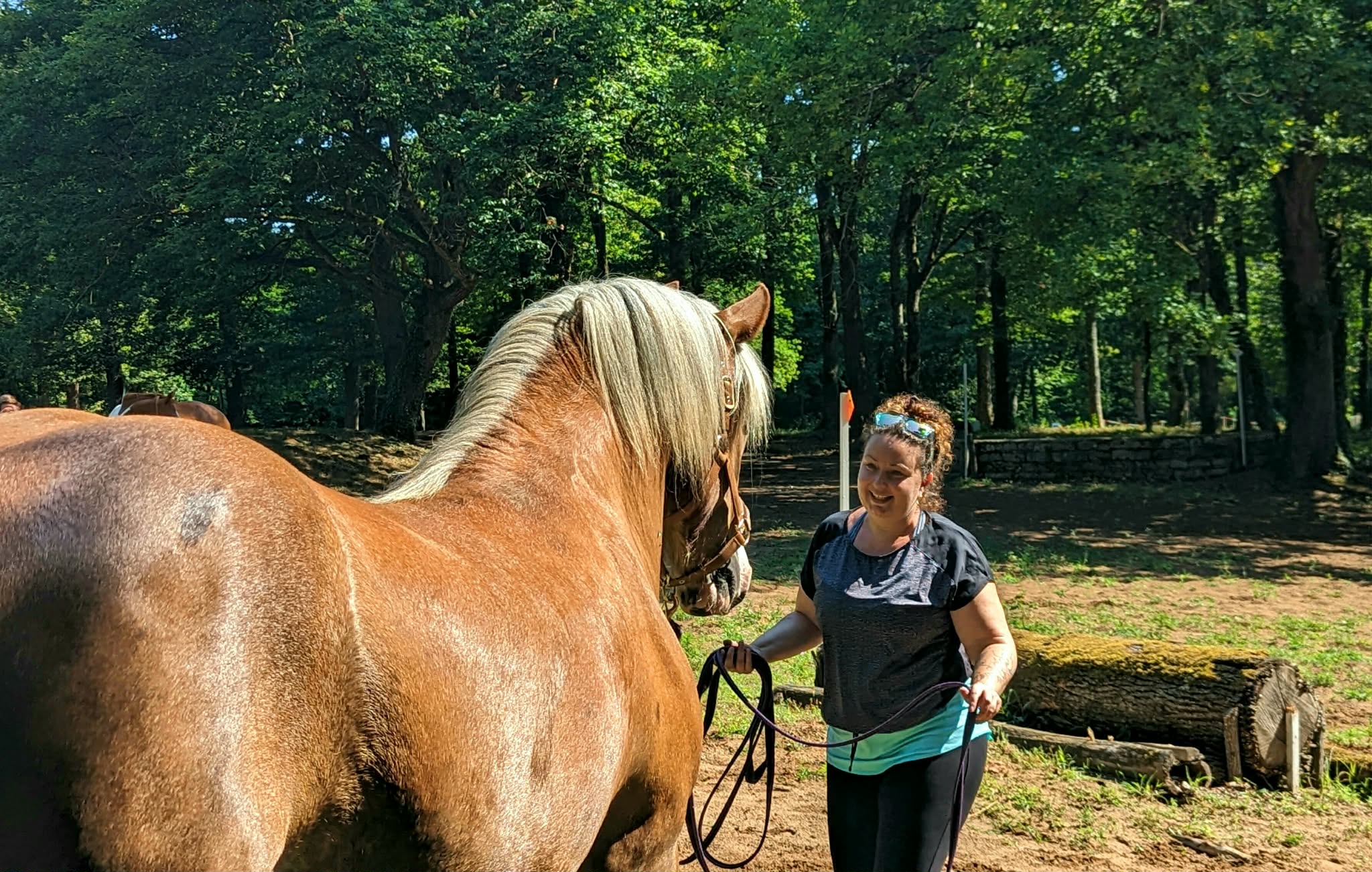 Sophie Martin, enseignante d'équitation, avec son cheval en forêt près de La Chapelle-Saint-Sauveur en Saône-et-Loire